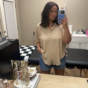 BUCKETLIST Striped Top, L, Tan & Cream Stripe